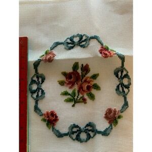 Vtg NOVA Needlepoint Partially Finished Portugal Wool Cottage Pink Roses Blue